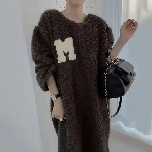 Warm Plush Long Sleeve Sweater Dress with Letter Patch