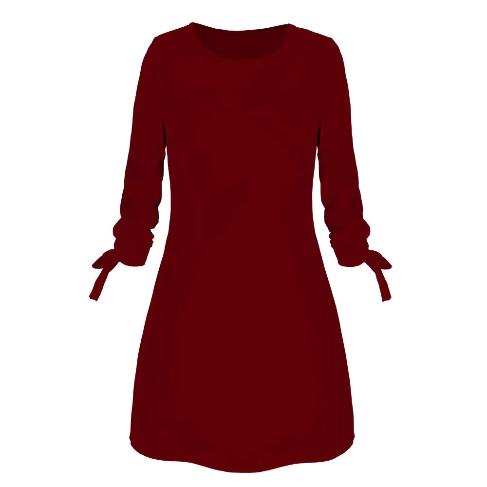 Solid Color Casual Dress with O-Neck and Tie Detail