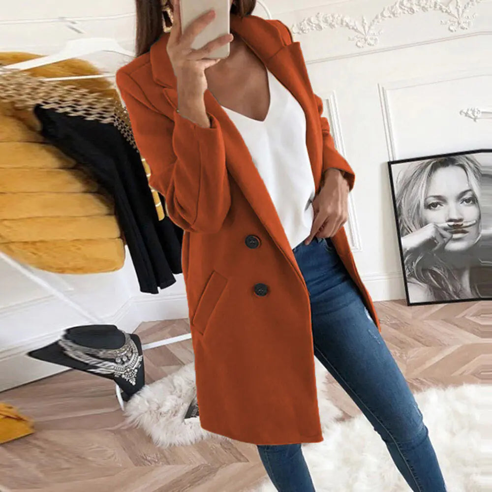 Elegant Long Wool Blend Coat with Buttons for Women