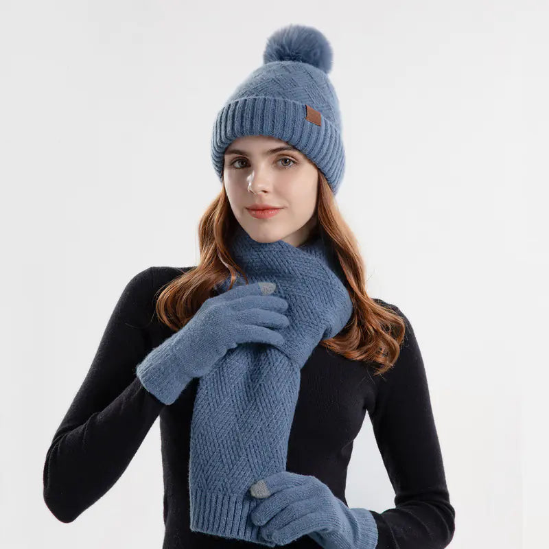 Women's Winter Knitted Wool Hat Scarf Glove Set (3 Pieces)