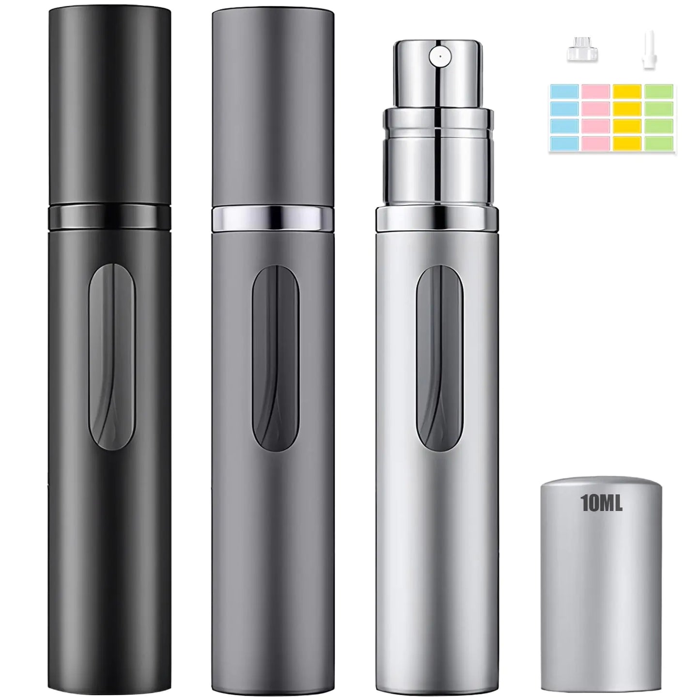Squway 3PC 10ml Travel Perfume Bottle Refillable Atomizer Sprayer for PerfumeFragrance Scent Pump Fill from BottomTravel Sprayer Perfume for Women Men Gift (Black Grey Silver)