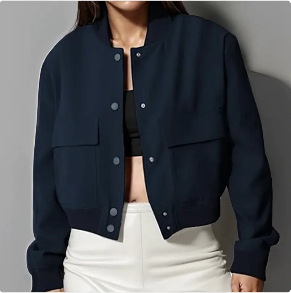 Women’s Loose Stand Collar Jacket – Short Casual Button Coat with Large Pockets