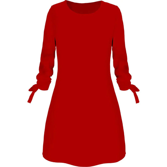 Solid Color Casual Dress with O-Neck and Tie Detail
