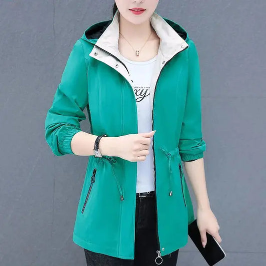 Hooded Mid-Length Velvet Windbreaker Jacket for Women