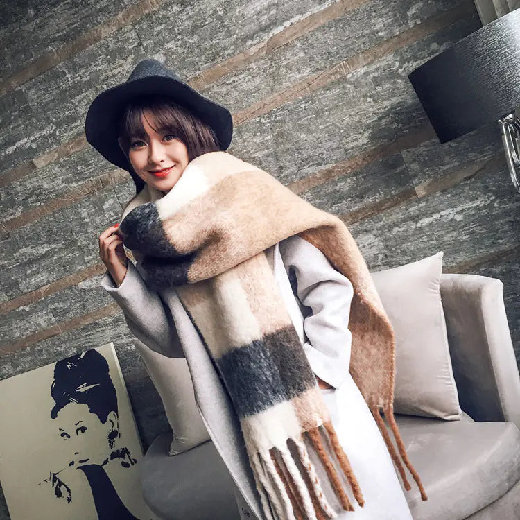 Thick Color-Block Scarf, Faux Cashmere Shawl for Women
