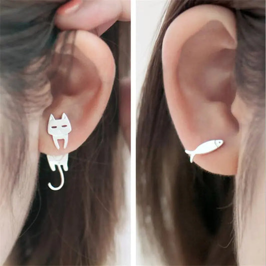 S925 Silver Asymmetrical Cat Fish Earrings for Women