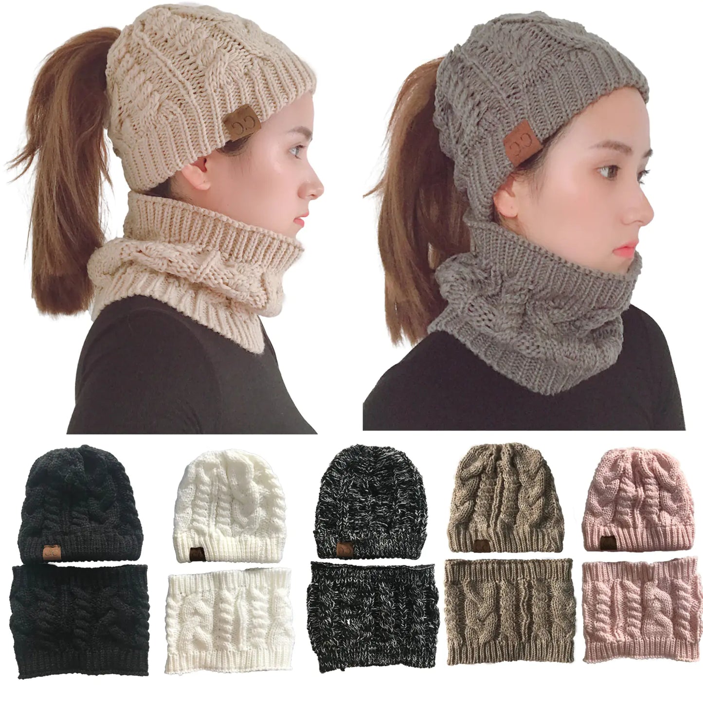 Scarf Set with Ponytail Hat and Knitted Beanie