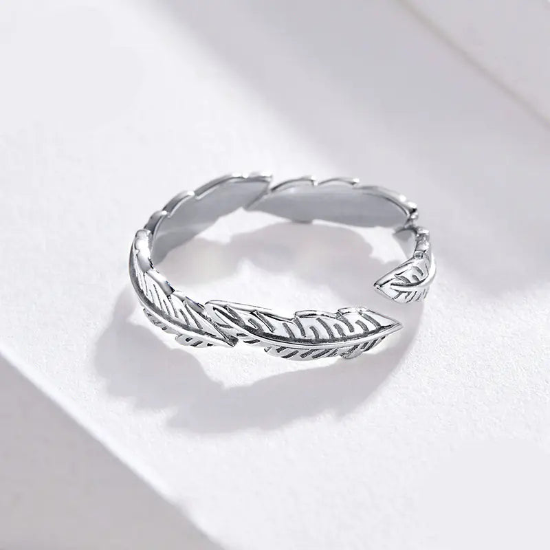 White Feather Open Ring, S925 Sterling Silver Ring