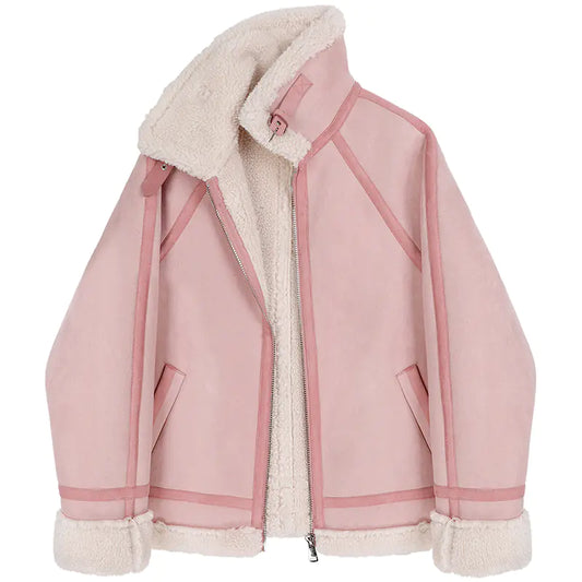 Loose Faux Lamb Wool Motorcycle Jacket for Women