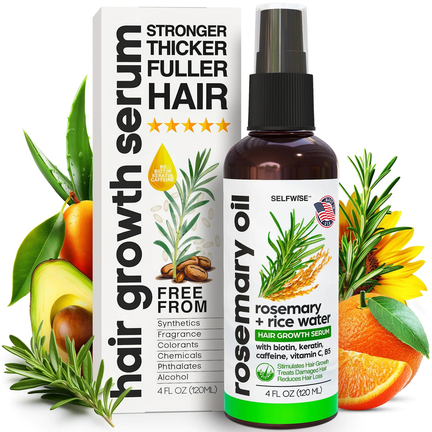 Rosemary Oil and Rice Water Hair Growth Spray - Serum with Biotin Keratin Caffeine Vitamins C & B5 for Hair Mask Hair Care Scalp Treatment Thickening Dry Damaged Hair for Women & Men