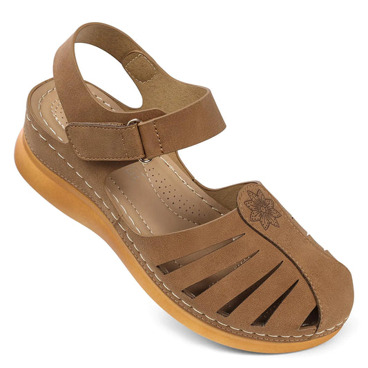 SHIBEVER Women Comfortable Flat Sandals: Dressy Summer Flats Sandal - Closed Toe Fisherman Flower Sandals - Brown Size 9 Hollow Out Wedge Sandal