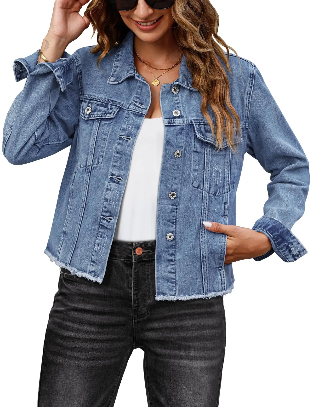 Women’s Lightweight Jean Jacket – Casual Denim Shacket for Summer, Medium Blue