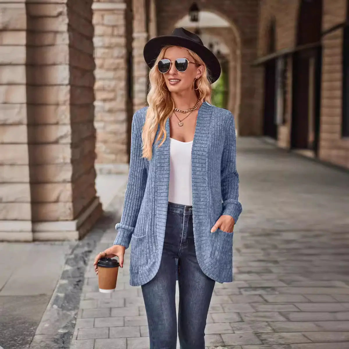 2023 Autumn New Solid Color Striped Long Sleeve Cardigan