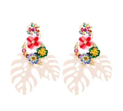 Exaggerated Flower Leaf Earrings with Rhinestones