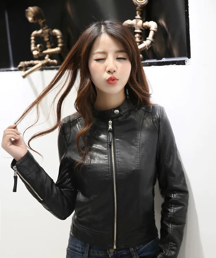 Slim Fit Long Sleeve Solid Color Leather Jacket for Women