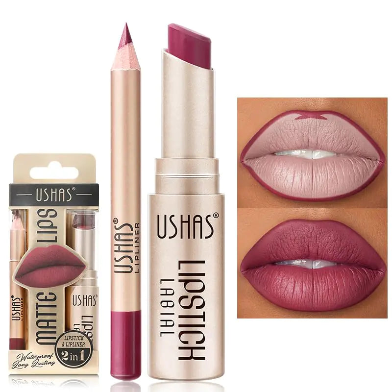 USHAS Lipstick and Lip Liner Combo Set 2 in 1 Waterproof Lipstick for Women Lip liner Set Long Lasting Lipstick Matte Lipstick Pen with Lip Liner Set Makeup Kits (G2 Pack of 1)