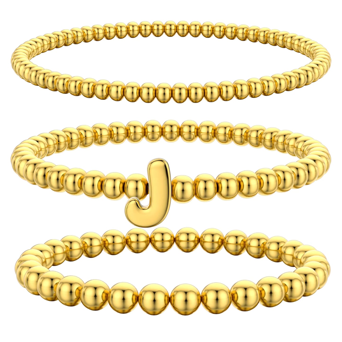 Kenivira Gold Beaded Bracelets for Women Stackable Gold Initial Bracelets for Women Non Tarnish 14K Real Gold Plated Stretch Bead Ball Waterproof Bracelet with Letter J Bracelets