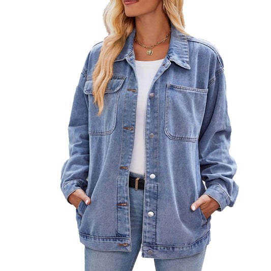 Vanfany denim jacket for women Long Sleeve Fashion Button Down Jean Jackets with Pockets Light Blue S