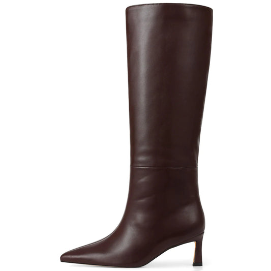Boots for Women Knee High brown Leather Boots Wide Calf Kitten Heel Boots Pointed Toe Tall Boots Low Heel Long Boots Comfortable Trendy Dress Fall Boots