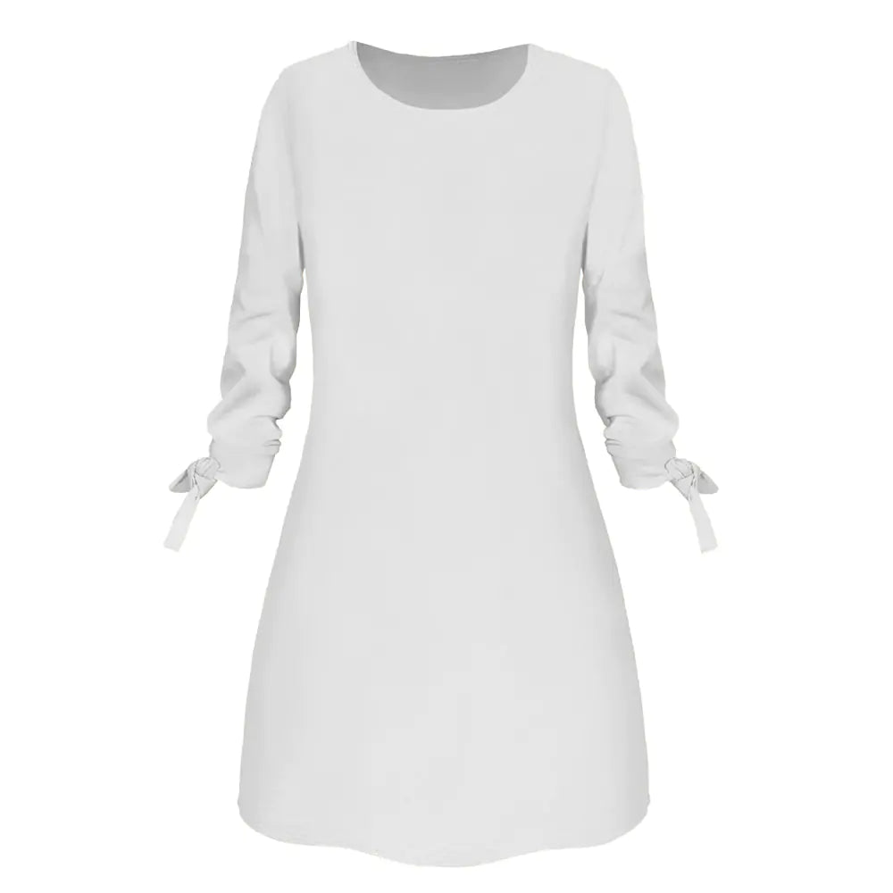 Solid Color Casual Dress with O-Neck and Tie Detail