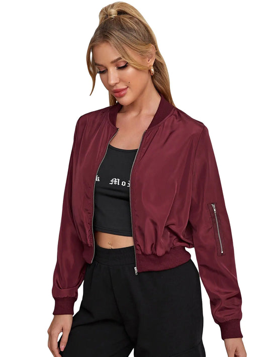 Women’s Lightweight Bomber Jacket – Zip Up Crop Biker Windbreaker Coat