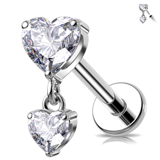 Melighting 16G Threaded Earring Titanium G23 Dangle Cartilage Earring Heart Threadless Push in Flat Back Earring Clear CZ Helix Earring Labret Tragus Stud for Women 8 mm
