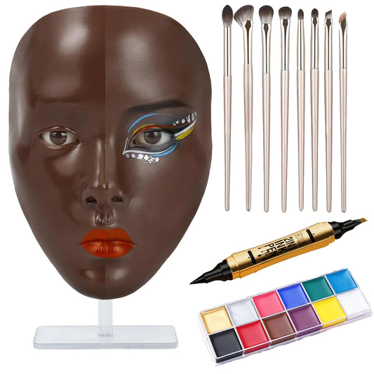 5D Makeup Practice Face Board Makeup Practice Accessories Set with Face Painting Mannequin Head Makeup Brushes Face Painting and 2-in-1 Dual-Ended Eyebrow Pen Makeup Practice Gift Dark Brown