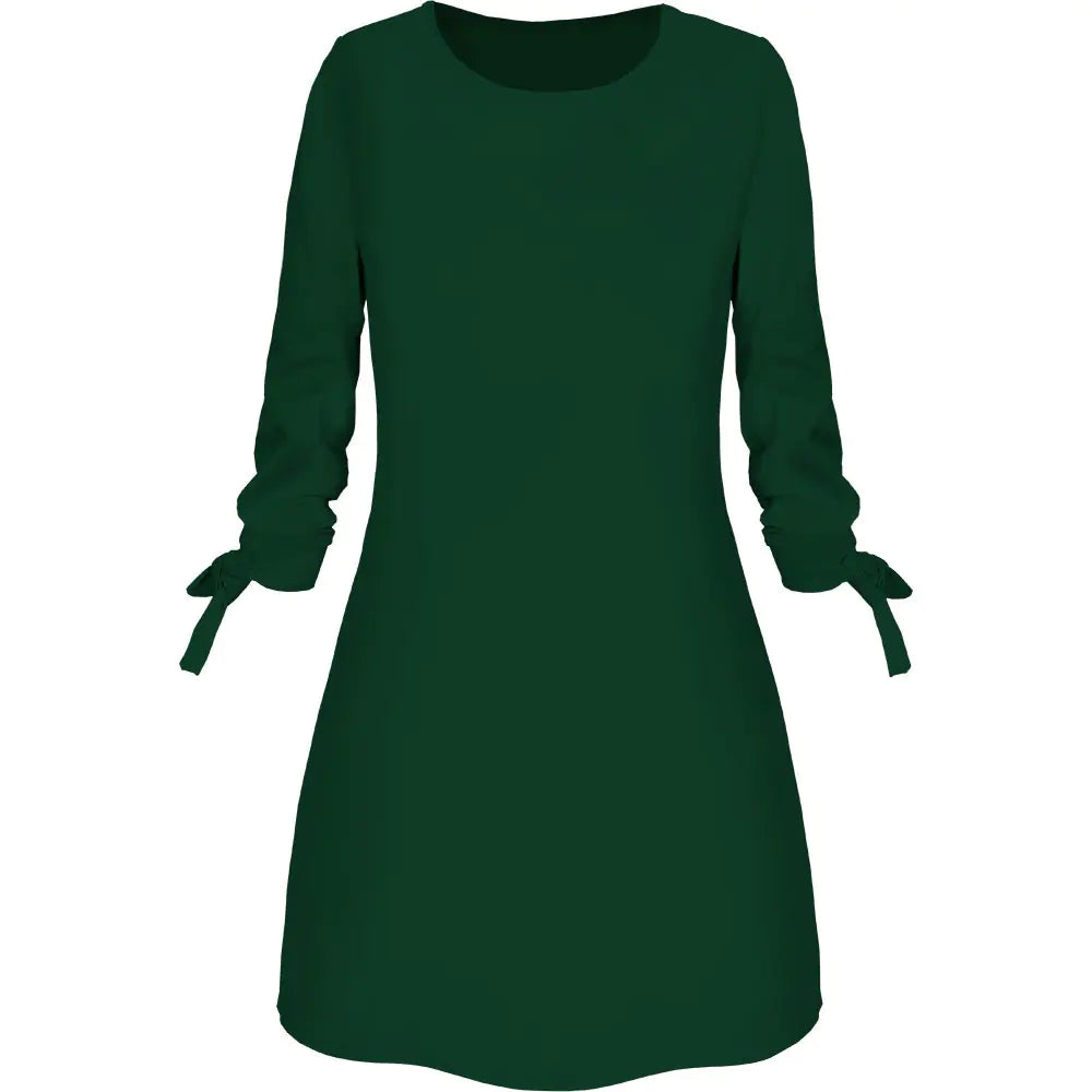 Solid Color Casual Dress with O-Neck and Tie Detail