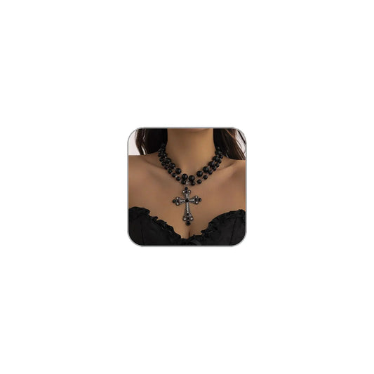 ANGLEQUEEN Gothic Black Cross Necklace Rosary Necklace for Women Layered Pearl Beads Gothic Cross Necklace Punk Vintage Cross Chain Necklace Chunky Cross Necklace for Women (style7)