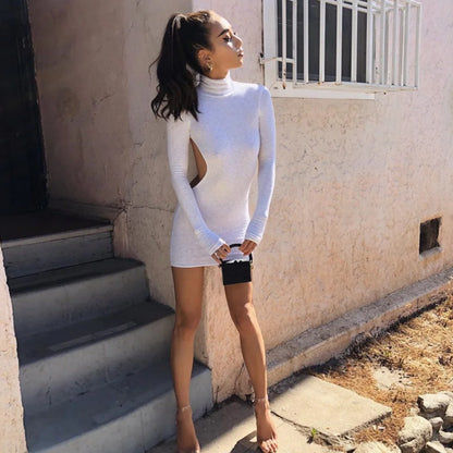 2018 Summer High Neck Backless Long Sleeve Dress