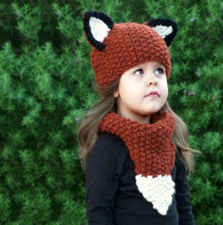 Squirrel and Fox Knit Hat and Neck Warmer Set