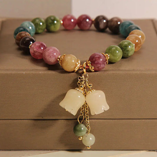 Natural Color Tourmaline Bracelet with Lily Pendant – Elegant Healing Jewelry for Women