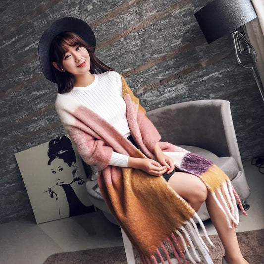 Thick Color-Block Scarf, Faux Cashmere Shawl for Women