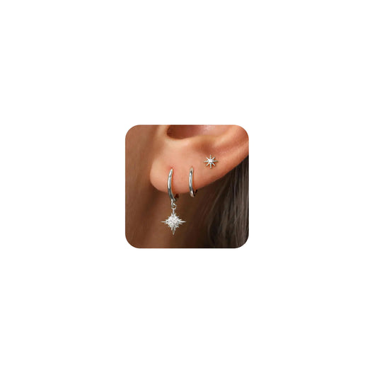 SUFOPE Silver Earrings Set 14K Silver Plated Earrings Dainty Small Silver Hoop Earrings Cute Sparkling Star Stud Earrings Hypoallergenic Dangle Earrings Jewelry for Gift