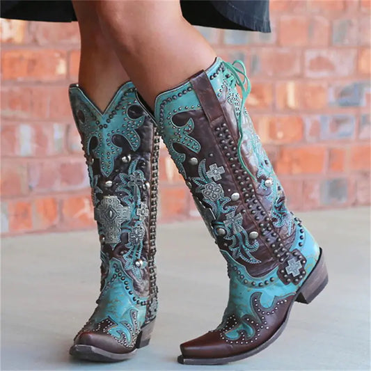 Embroidered Lace-up Mid-tube Boots with Thick Heels