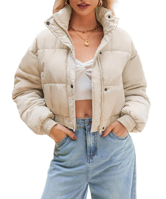 Women’s Cropped Puffer Jacket – Stand Collar Lightweight Winter Coat