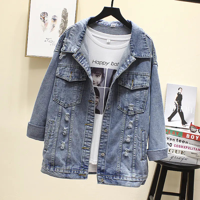 Chic Beaded Print Short Denim Jacket for Women – Stylish Cropped Jean Coat