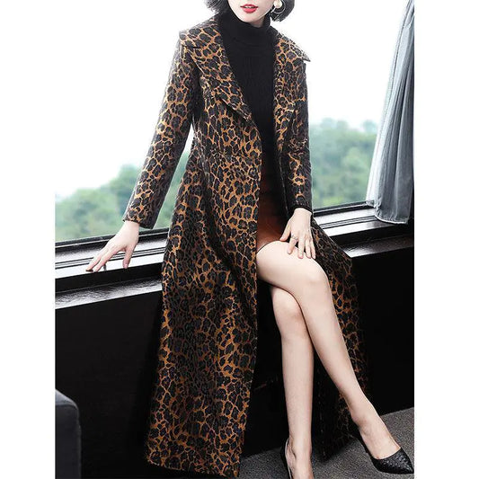 Leopard Print Knee-Length Jacket for Women