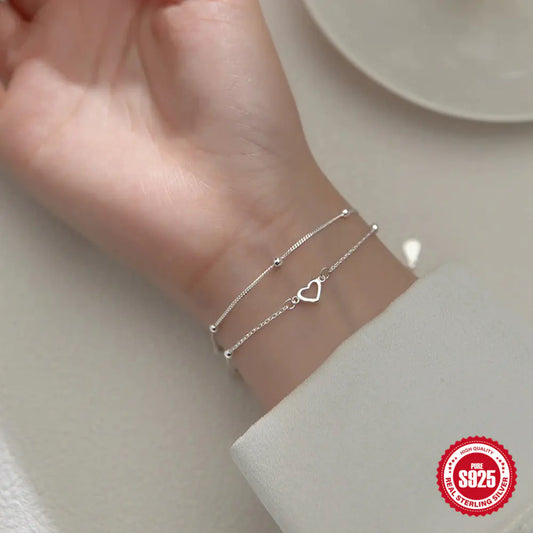 S925 Sterling Silver Double Layer Heart Bracelet for Women – Elegant Dainty Jewelry Gift