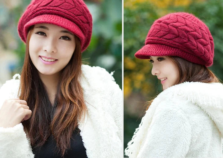 Knitted Rabbit Fur Pattern Beanie Hat