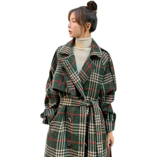 Green Plaid Loose Mid-Length Wool Coat