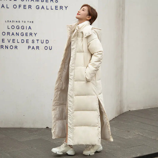 Long Knee-Length Hooded Down Jacket for Women