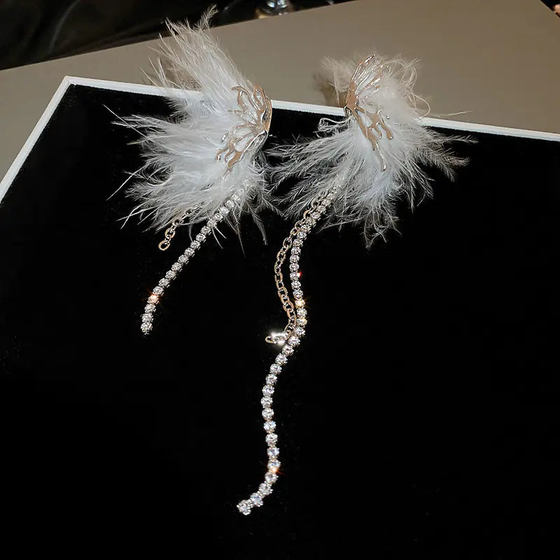 Asymmetrical Silver Needle Feather Butterfly Earrings