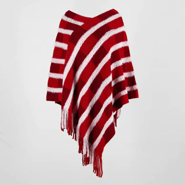 V-Neck Striped Fringe Shawl Knit Sweater Cape