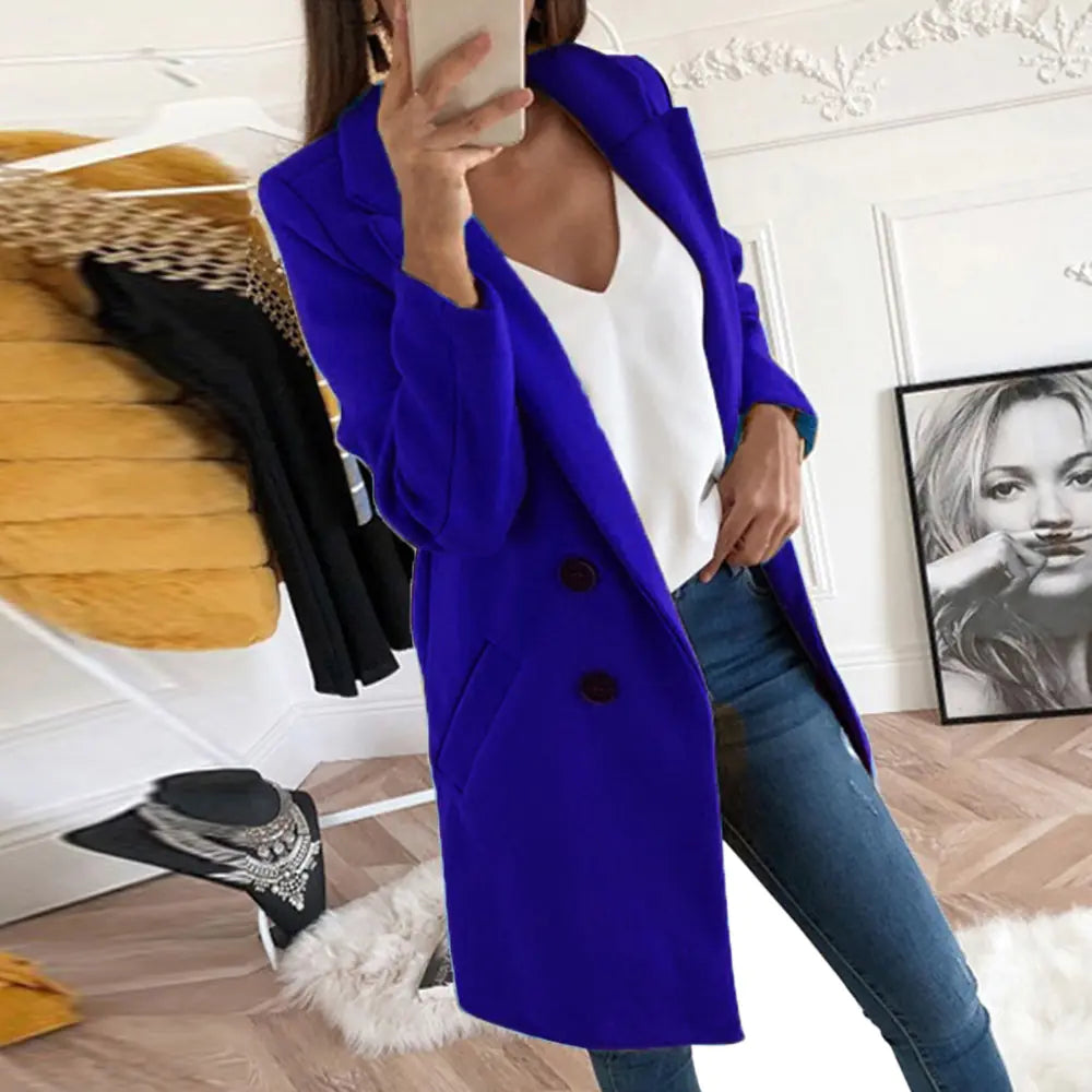 Elegant Long Wool Blend Coat with Buttons for Women