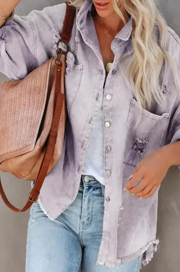 Women’s Distressed Jean Jacket – Casual Ripped Denim Coat