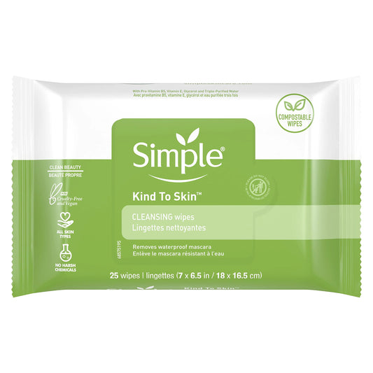 Simple Kind to Skin Facial Wipes Gentle and Effective Makeup Remover Cleansing Free from color and dye artificial perfume and harsh chemicals 25 Wipes