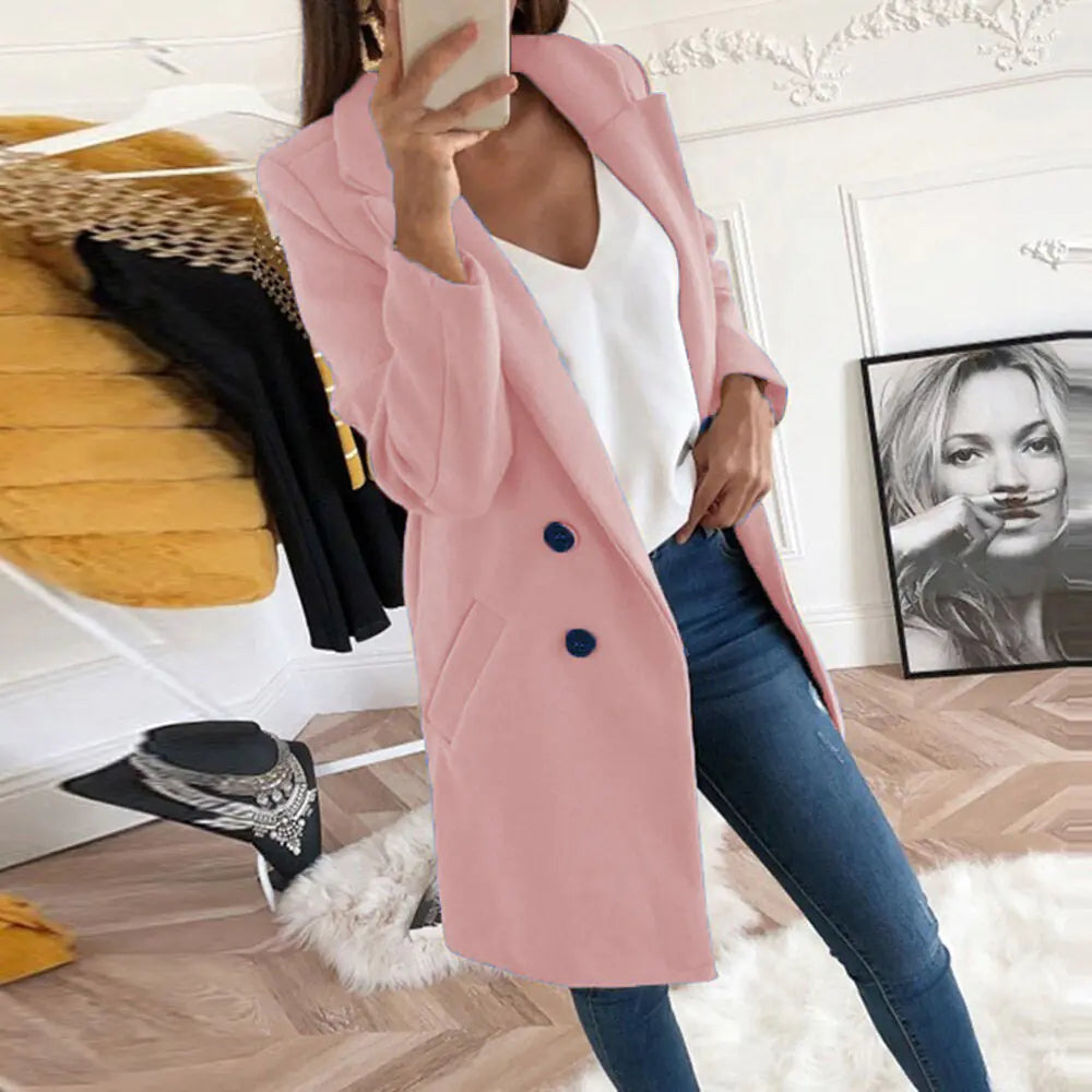 Elegant Long Wool Blend Coat with Buttons for Women