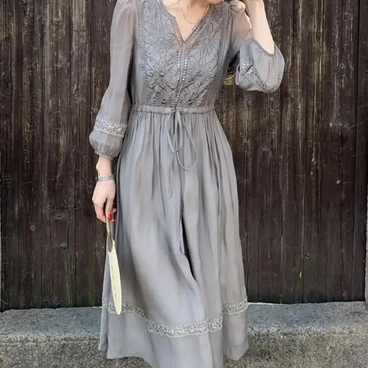 Embroidered Summer Dress with Lantern Sleeve Midskirt