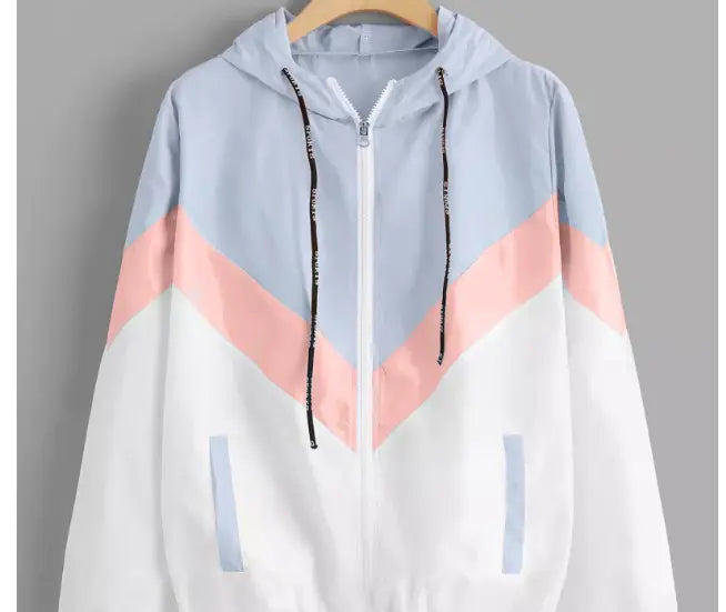 Color-Blocked Long Sleeve Hooded Jacket for Women